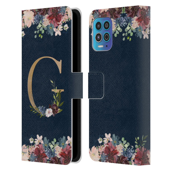 Nature Magick Floral Monogram Gold Navy Letter G Leather Book Wallet Case Cover For Motorola Moto G100