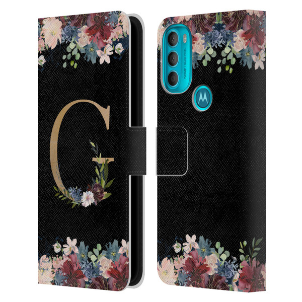 Nature Magick Floral Monogram Gold Navy Letter G Leather Book Wallet Case Cover For Motorola Moto G71 5G