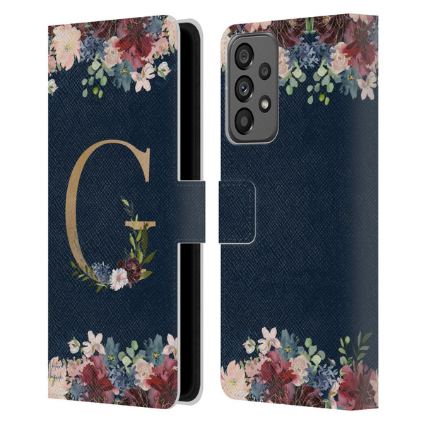Nature Magick Floral Monogram Gold Navy Letter G Leather Book Wallet Case Cover For Samsung Galaxy A73 5G (2022)