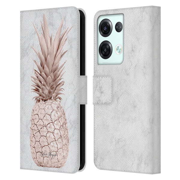 Nature Magick Rose Gold Pineapple On Marble Rose Gold Leather Book Wallet Case Cover For OPPO Reno8 Pro