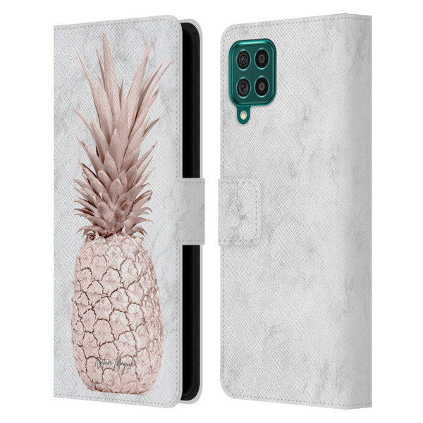 Nature Magick Rose Gold Pineapple On Marble Rose Gold Leather Book Wallet Case Cover For Samsung Galaxy F62 (2021)
