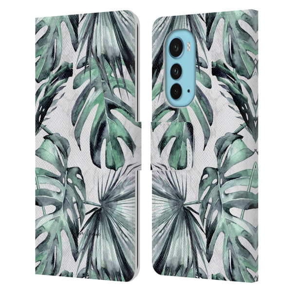 Nature Magick Tropical Palm Leaves On Marble Turquoise Green Island Leather Book Wallet Case Cover For Motorola Edge (2022)
