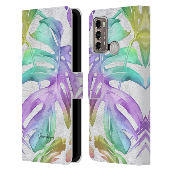 Nature Magick Tropical Palm Leaves On Marble Rainbow Leaf Leather Book Wallet Case Cover For Motorola Moto G60 / Moto G40 Fusion