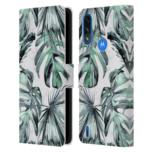 Nature Magick Tropical Palm Leaves On Marble Turquoise Green Island Leather Book Wallet Case Cover For Motorola Moto E7 Power / Moto E7i Power