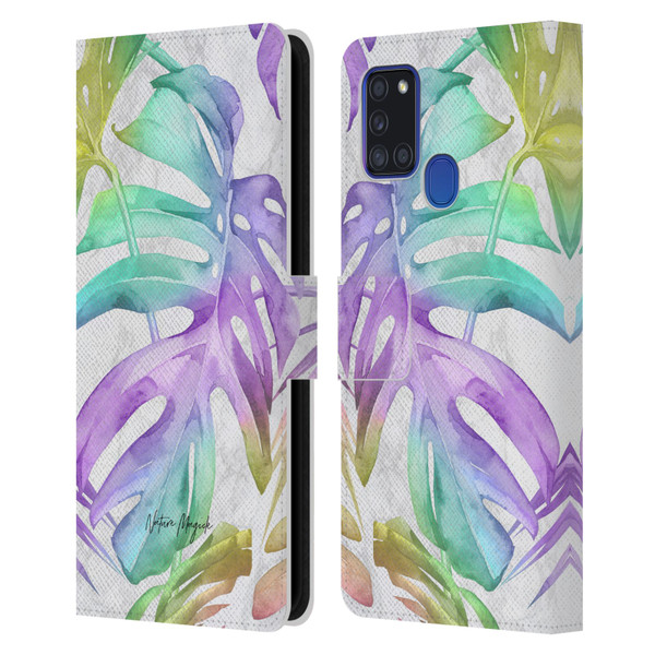 Nature Magick Tropical Palm Leaves On Marble Rainbow Leaf Leather Book Wallet Case Cover For Samsung Galaxy A21s (2020)