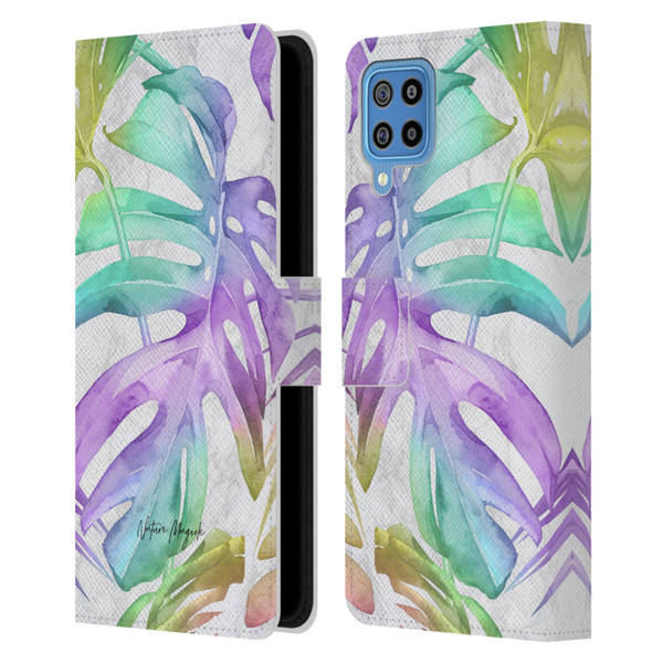 Nature Magick Tropical Palm Leaves On Marble Rainbow Leaf Leather Book Wallet Case Cover For Samsung Galaxy F22 (2021)