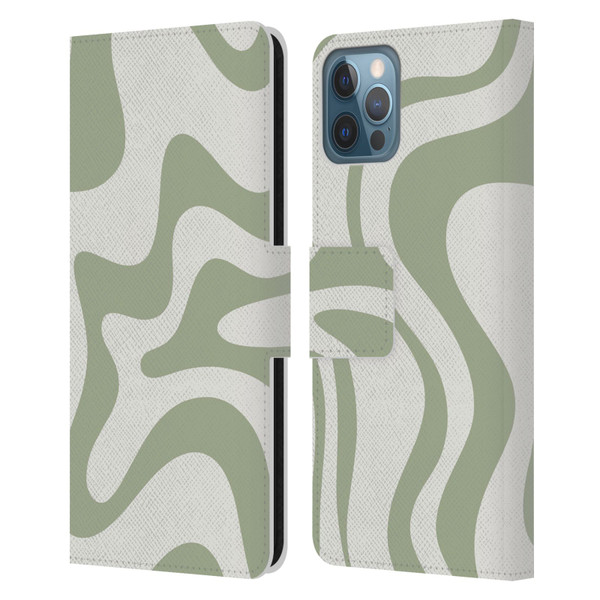 Kierkegaard Design Studio Art Retro Liquid Swirl Sage Green Leather Book Wallet Case Cover For Apple iPhone 12 / iPhone 12 Pro
