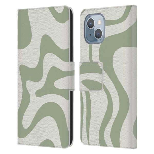 Kierkegaard Design Studio Art Retro Liquid Swirl Sage Green Leather Book Wallet Case Cover For Apple iPhone 14