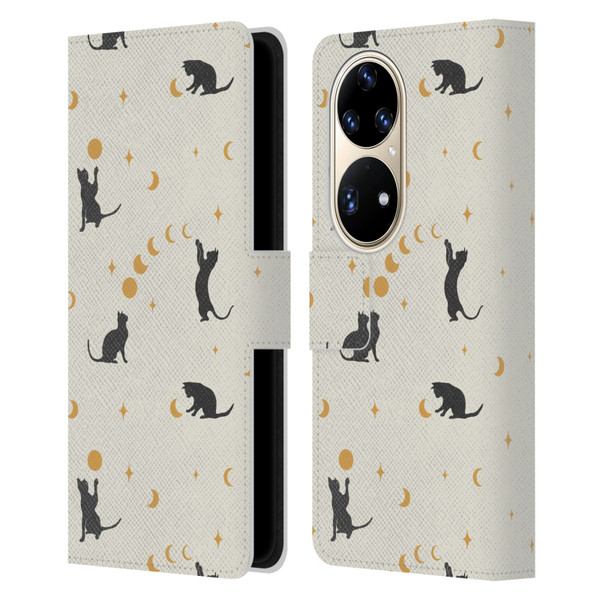 Episodic Drawing Pattern Cat And Moon Leather Book Wallet Case Cover For Huawei P50 Pro