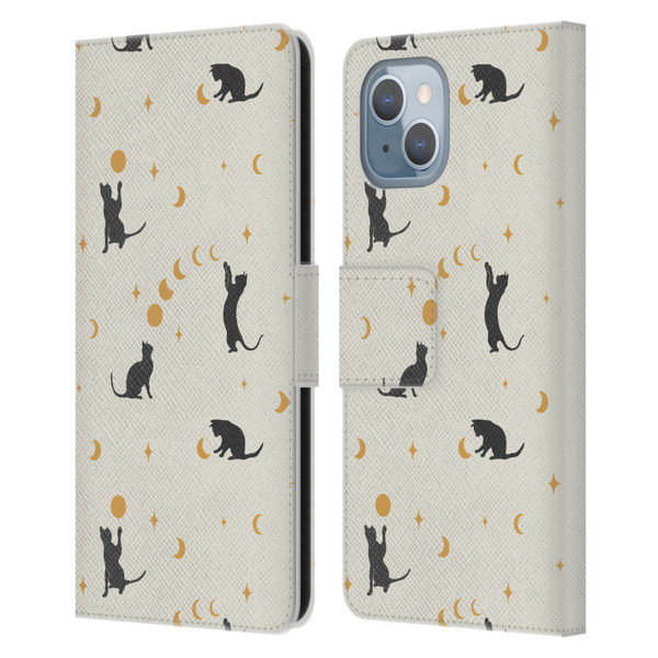 Episodic Drawing Pattern Cat And Moon Leather Book Wallet Case Cover For Apple iPhone 14