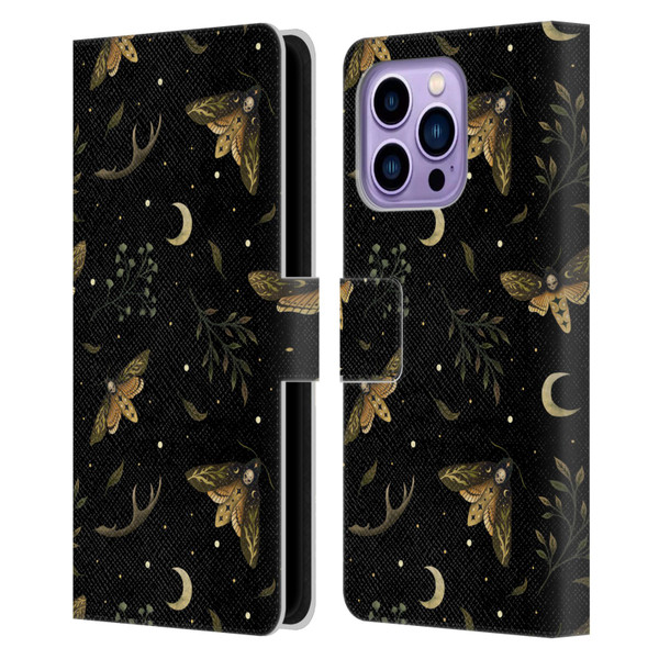 Episodic Drawing Pattern Death Head Moth Leather Book Wallet Case Cover For Apple iPhone 14 Pro Max