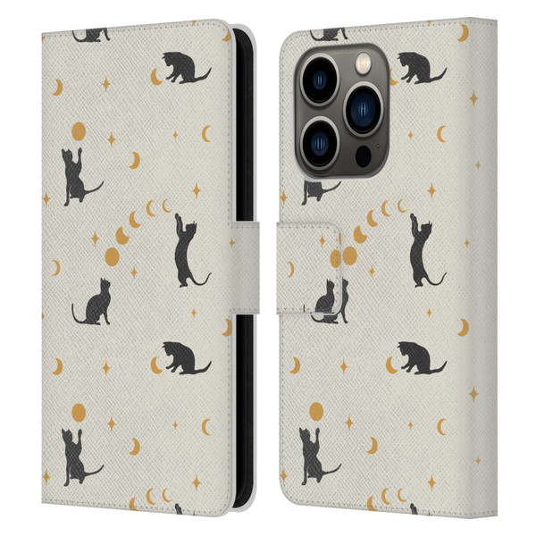 Episodic Drawing Pattern Cat And Moon Leather Book Wallet Case Cover For Apple iPhone 14 Pro