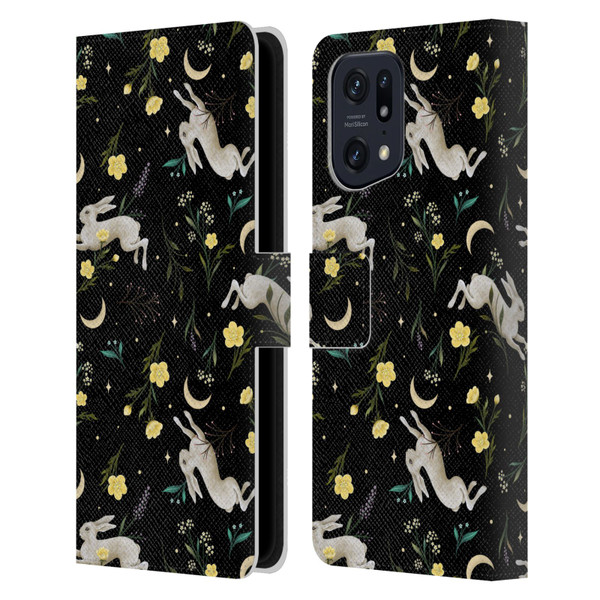 Episodic Drawing Pattern Bunny Night Leather Book Wallet Case Cover For OPPO Find X5