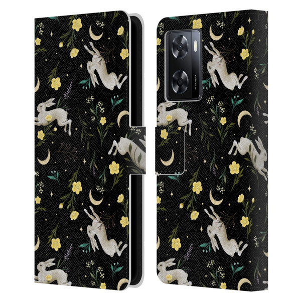 Episodic Drawing Pattern Bunny Night Leather Book Wallet Case Cover For OPPO A57s