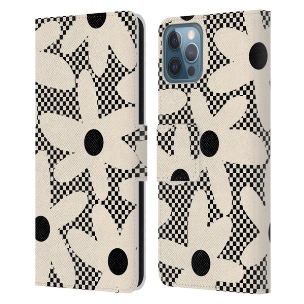 Kierkegaard Design Studio Retro Abstract Patterns Daisy Black Cream Dots Check Leather Book Wallet Case Cover For Apple iPhone 12 / iPhone 12 Pro