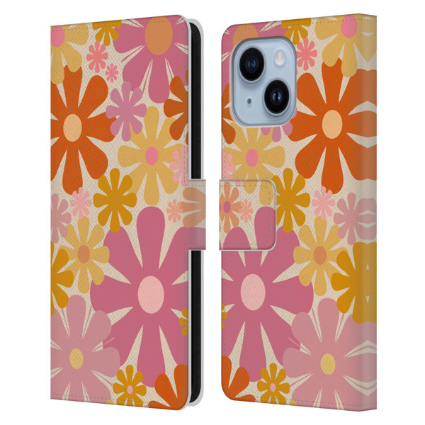 Kierkegaard Design Studio Retro Abstract Patterns Pink Orange Thulian Flowers Leather Book Wallet Case Cover For Apple iPhone 14 Plus
