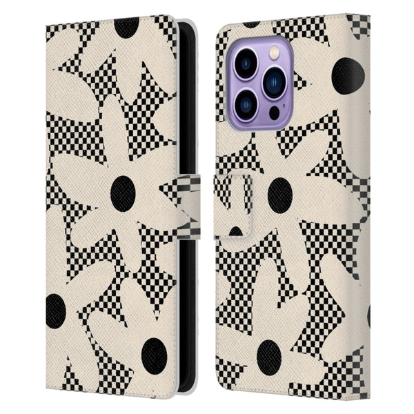 Kierkegaard Design Studio Retro Abstract Patterns Daisy Black Cream Dots Check Leather Book Wallet Case Cover For Apple iPhone 14 Pro Max