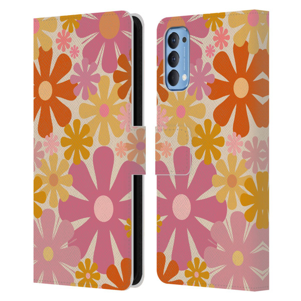 Kierkegaard Design Studio Retro Abstract Patterns Pink Orange Thulian Flowers Leather Book Wallet Case Cover For OPPO Reno 4 5G