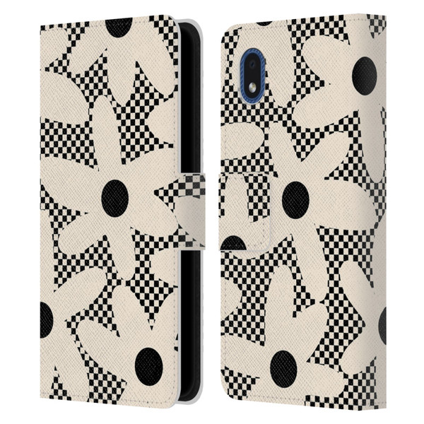 Kierkegaard Design Studio Retro Abstract Patterns Daisy Black Cream Dots Check Leather Book Wallet Case Cover For Samsung Galaxy A01 Core (2020)