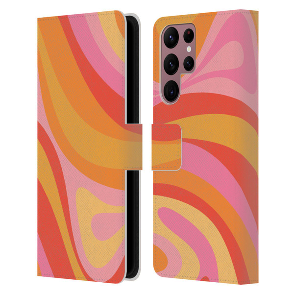 Kierkegaard Design Studio Retro Abstract Patterns Pink Orange Yellow Swirl Leather Book Wallet Case Cover For Samsung Galaxy S22 Ultra 5G