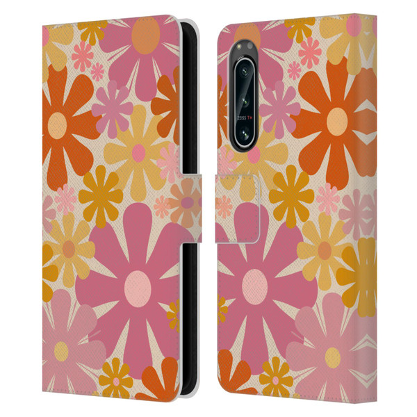 Kierkegaard Design Studio Retro Abstract Patterns Pink Orange Thulian Flowers Leather Book Wallet Case Cover For Sony Xperia 5 IV