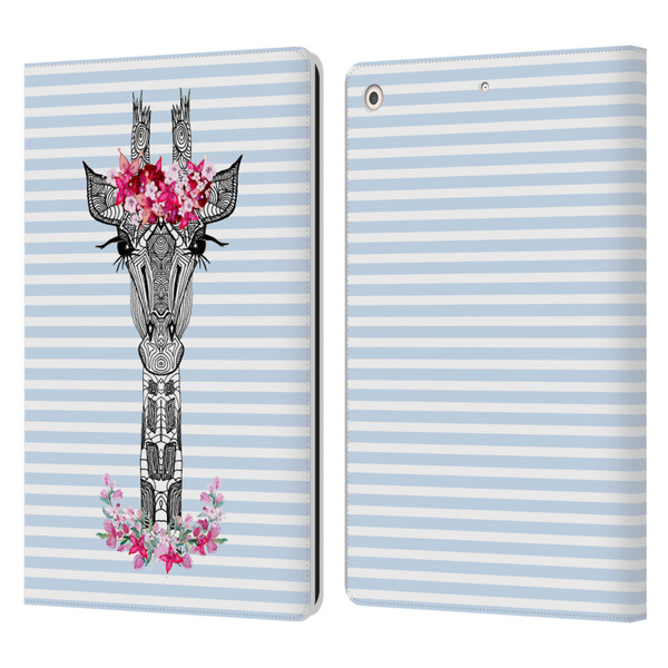 Monika Strigel Flower Giraffe And Stripes Blue Leather Book Wallet Case Cover For Apple iPad 10.2 2019/2020/2021