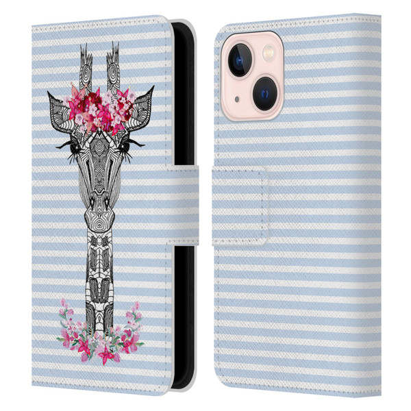 Monika Strigel Flower Giraffe And Stripes Blue Leather Book Wallet Case Cover For Apple iPhone 13 Mini