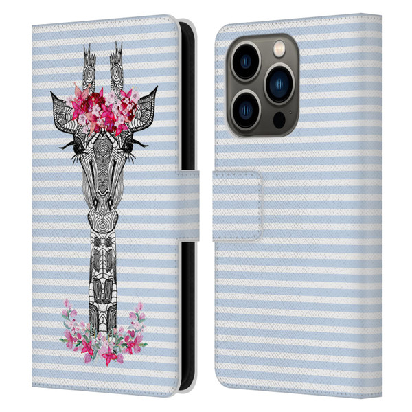 Monika Strigel Flower Giraffe And Stripes Blue Leather Book Wallet Case Cover For Apple iPhone 14 Pro