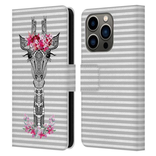 Monika Strigel Flower Giraffe And Stripes Grey Leather Book Wallet Case Cover For Apple iPhone 14 Pro