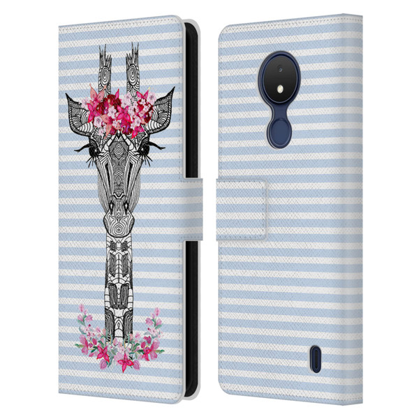 Monika Strigel Flower Giraffe And Stripes Blue Leather Book Wallet Case Cover For Nokia C21