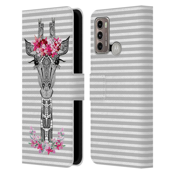 Monika Strigel Flower Giraffe And Stripes Grey Leather Book Wallet Case Cover For Motorola Moto G60 / Moto G40 Fusion