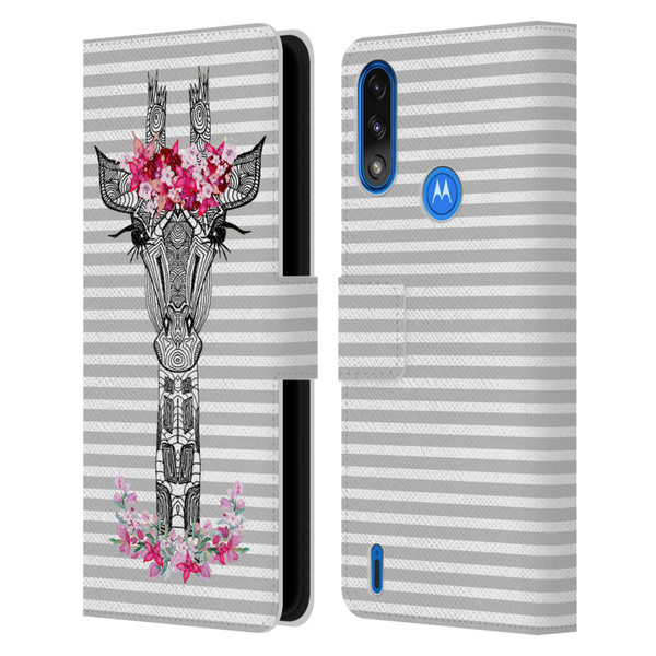 Monika Strigel Flower Giraffe And Stripes Grey Leather Book Wallet Case Cover For Motorola Moto E7 Power / Moto E7i Power