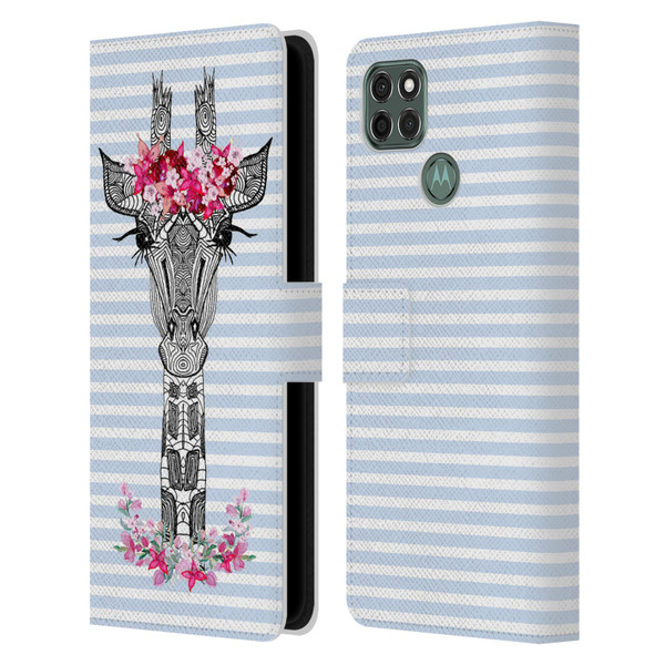 Monika Strigel Flower Giraffe And Stripes Blue Leather Book Wallet Case Cover For Motorola Moto G9 Power