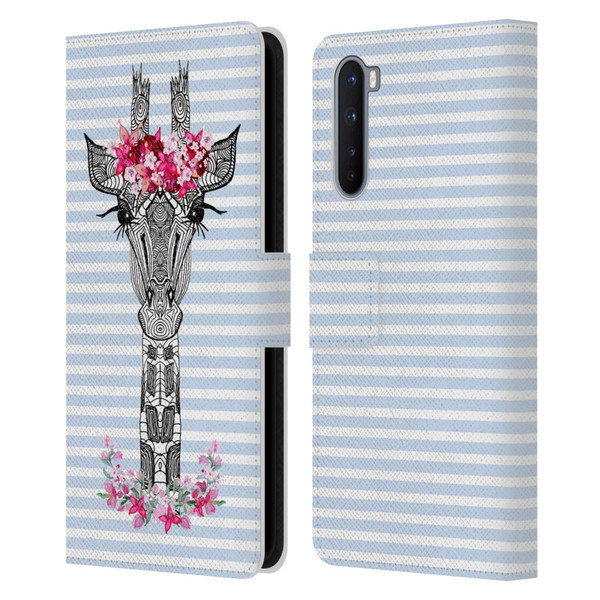 Monika Strigel Flower Giraffe And Stripes Blue Leather Book Wallet Case Cover For OnePlus Nord 5G