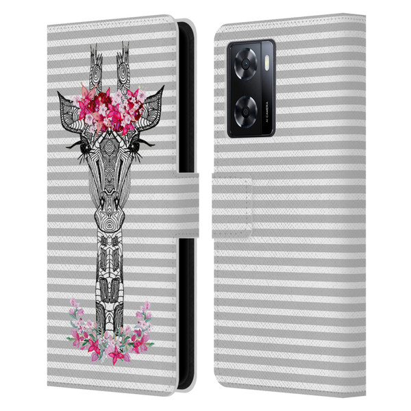 Monika Strigel Flower Giraffe And Stripes Grey Leather Book Wallet Case Cover For OPPO A57s