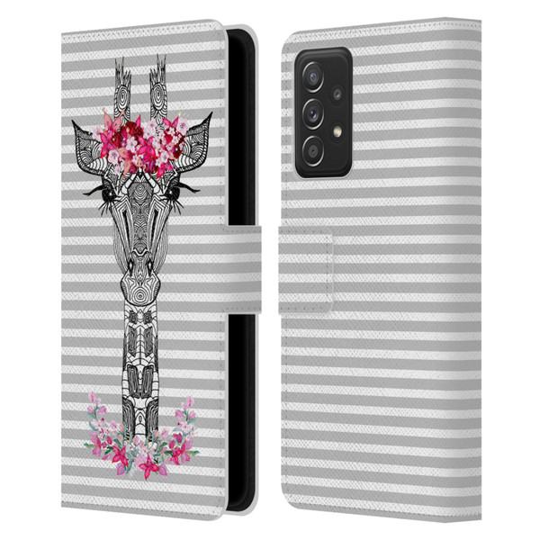 Monika Strigel Flower Giraffe And Stripes Grey Leather Book Wallet Case Cover For Samsung Galaxy A53 5G (2022)