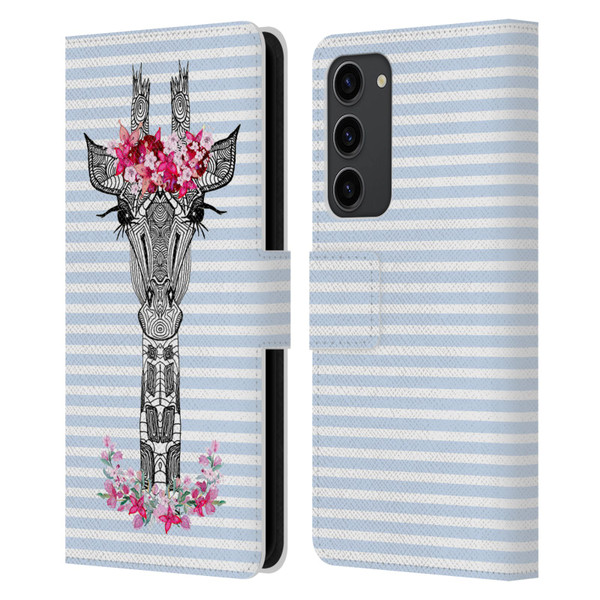 Monika Strigel Flower Giraffe And Stripes Blue Leather Book Wallet Case Cover For Samsung Galaxy S23+ 5G