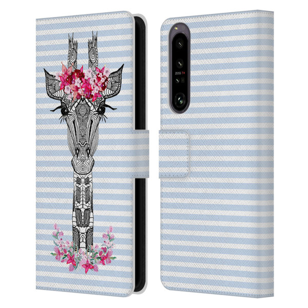 Monika Strigel Flower Giraffe And Stripes Blue Leather Book Wallet Case Cover For Sony Xperia 1 IV