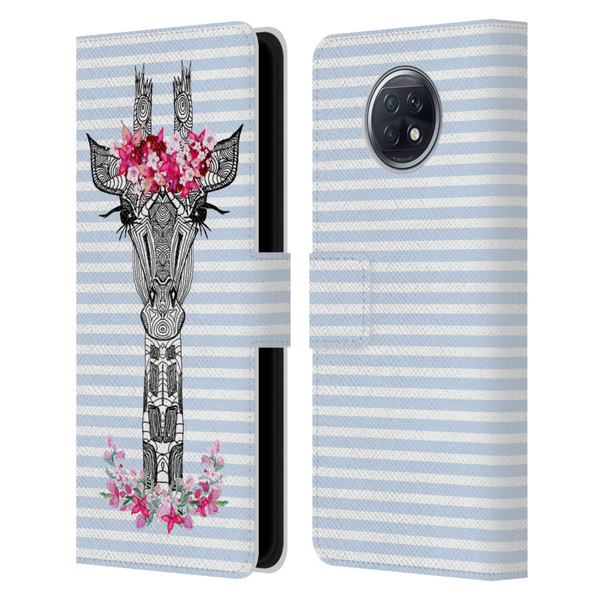 Monika Strigel Flower Giraffe And Stripes Blue Leather Book Wallet Case Cover For Xiaomi Redmi Note 9T 5G