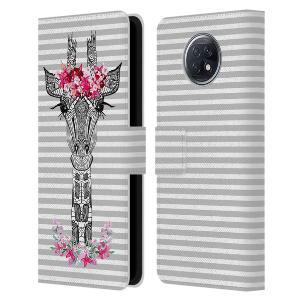 Monika Strigel Flower Giraffe And Stripes Grey Leather Book Wallet Case Cover For Xiaomi Redmi Note 9T 5G