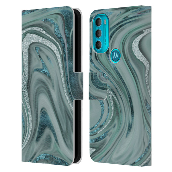 LebensArt Geo Liquid Marble Sea Foam Green Leather Book Wallet Case Cover For Motorola Moto G71 5G