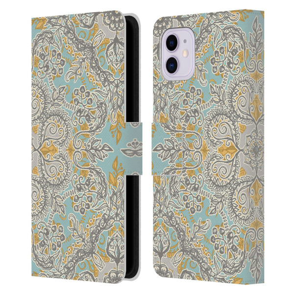 Micklyn Le Feuvre Floral Patterns Grey And Yellow Leather Book Wallet Case Cover For Apple iPhone 11
