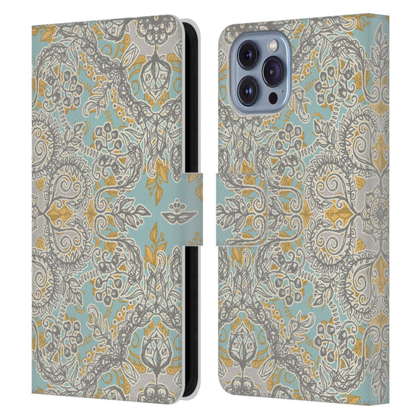 Micklyn Le Feuvre Floral Patterns Grey And Yellow Leather Book Wallet Case Cover For Apple iPhone 14