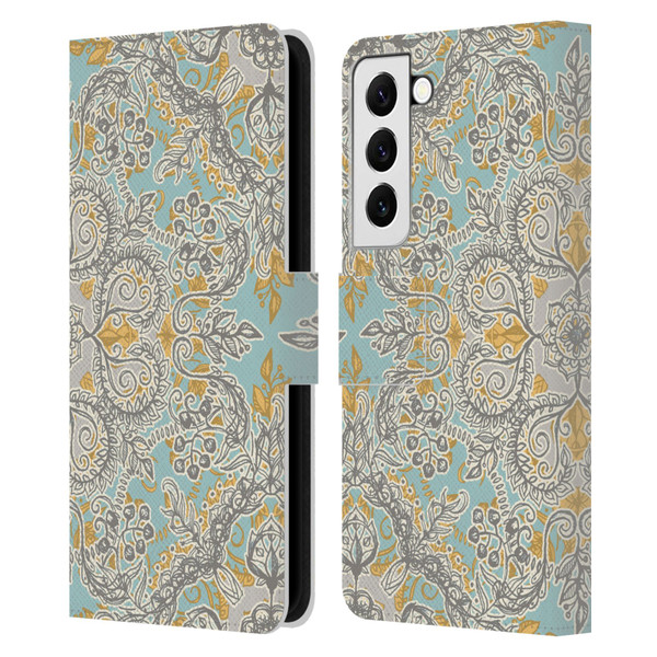 Micklyn Le Feuvre Floral Patterns Grey And Yellow Leather Book Wallet Case Cover For Samsung Galaxy S22 5G