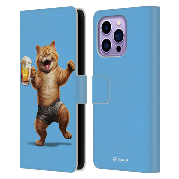 P.D. Moreno Furry Fun Artwork Cat Beer Leather Book Wallet Case Cover For Apple iPhone 14 Pro Max
