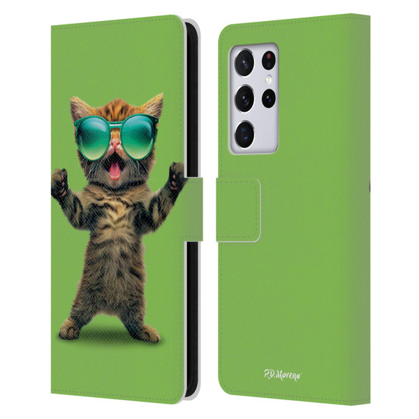 P.D. Moreno Furry Fun Artwork Cat Sunglasses Leather Book Wallet Case Cover For Samsung Galaxy S21 Ultra 5G
