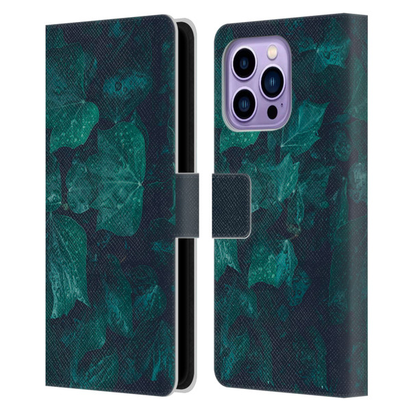 PLdesign Flowers And Leaves Dark Emerald Green Ivy Leather Book Wallet Case Cover For Apple iPhone 14 Pro Max