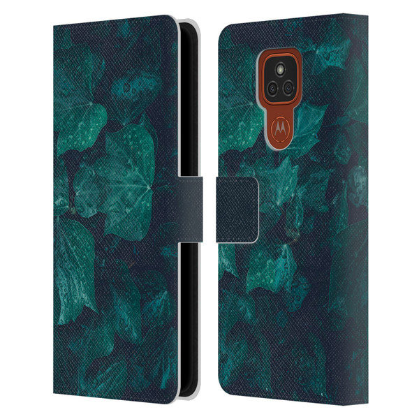 PLdesign Flowers And Leaves Dark Emerald Green Ivy Leather Book Wallet Case Cover For Motorola Moto E7 Plus