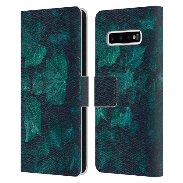 PLdesign Flowers And Leaves Dark Emerald Green Ivy Leather Book Wallet Case Cover For Samsung Galaxy S10+ / S10 Plus