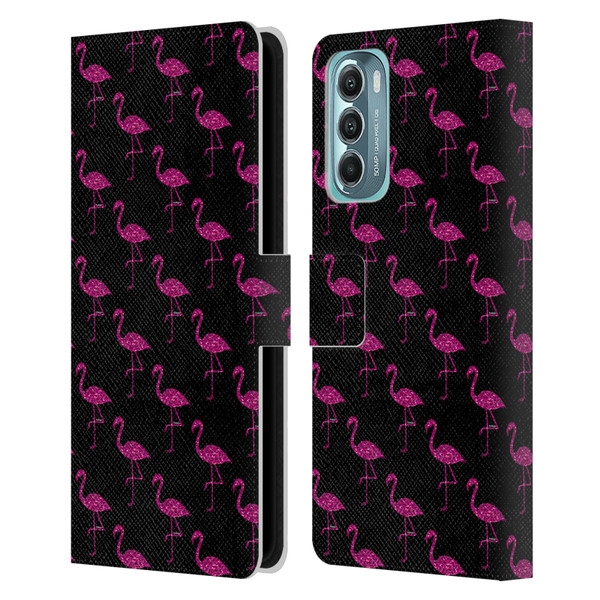 PLdesign Sparkly Flamingo Pink Pattern On Black Leather Book Wallet Case Cover For Motorola Moto G Stylus 5G (2022)